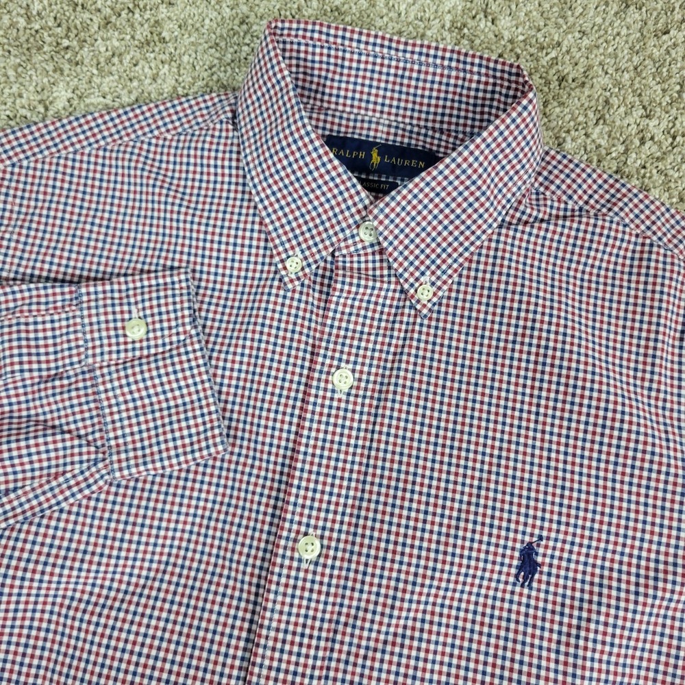 Ralph Lauren Classic Fit Mens Medium Red White Blue Check Pony Button Down LS